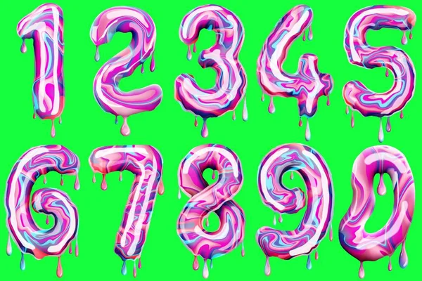 Set of numbers in the form of a sweet coffee, melt. Delicious number isolated on green background, Concept font, set of ten numbers. 3D illustration, 3D rendering