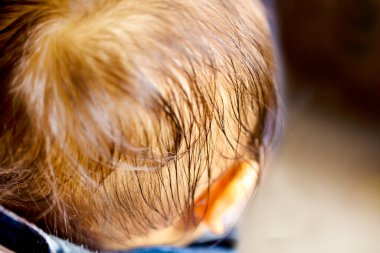 Siyah saçlı bir bebeğin kafasının arkasını kapatın. Yüzü yok ve boşluğu kopyalayın. Bebeğin saçı terlemesi için ıslak..