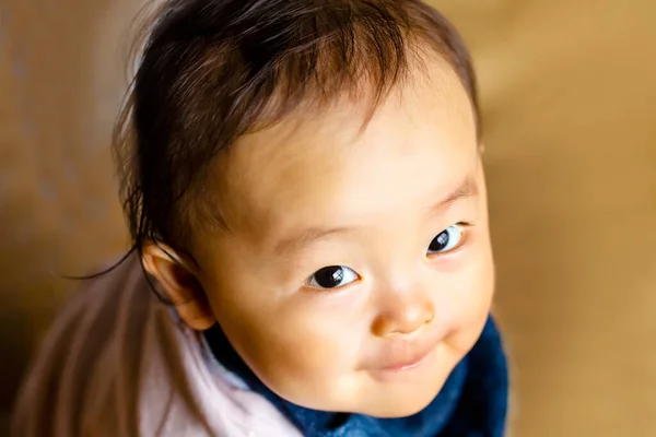 Glücklich Hübscher Kleiner Junge Mit Lächeln Und Braunem Hintergrund Und — Stockfoto
