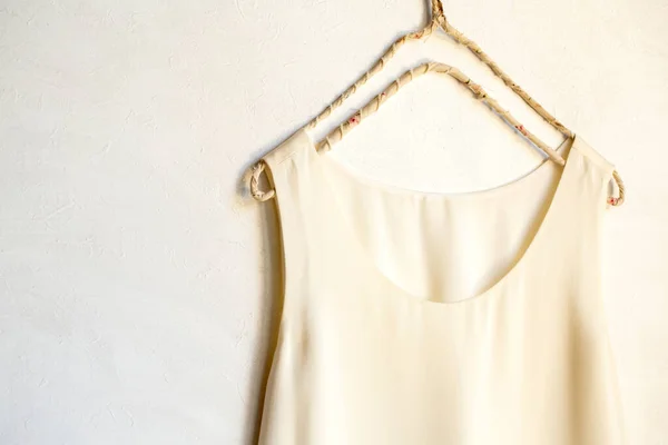 Beige White Tank Top Hanging Hanger White Wall Close Copy — Stock Photo, Image