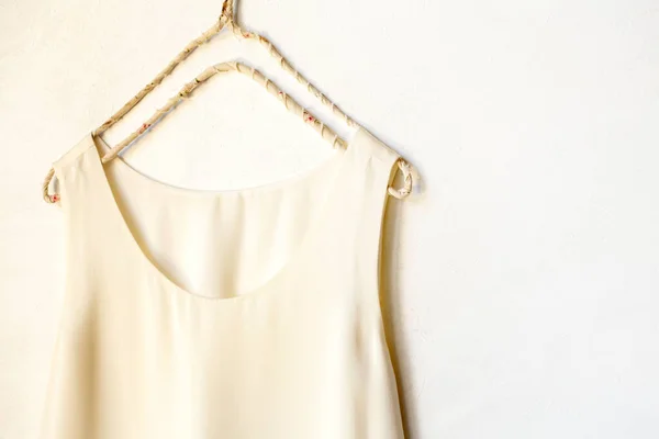 Beige White Tank Top Hanging Hanger White Wall Close Copy — Stock Photo, Image