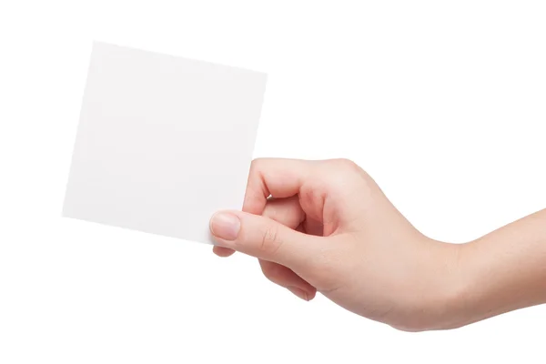 Üres papír kártyát-a nő kezében — Stock Fotó
