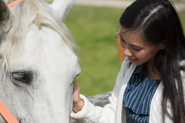 Young Happy Woman Stroking White Horse — Stock Photo, Image