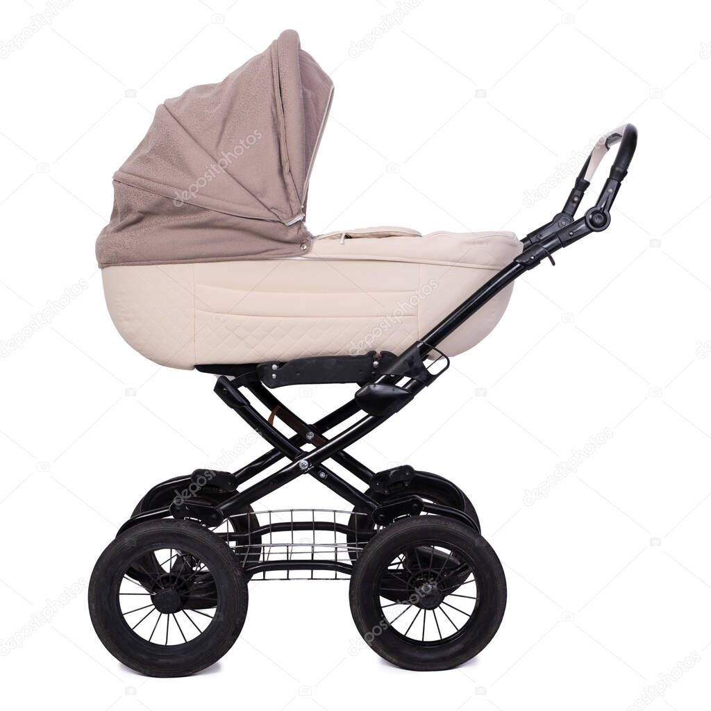 Baby carriage, stroller on wheels isolated on white background