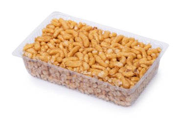 Beyaz zemin üzerinde izole plastik şeffaf kutuda bal ile Chak-Chak