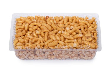 Beyaz zemin üzerinde izole plastik şeffaf kutuda bal ile Chak-Chak