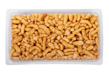 Beyaz zemin üzerinde izole plastik şeffaf kutuda bal ile Chak-Chak