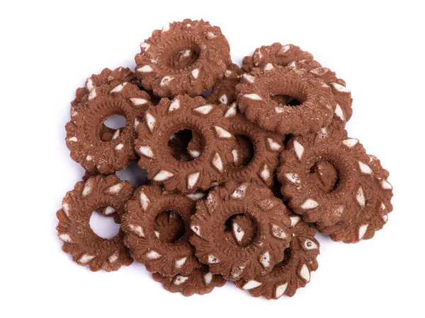 一组圆形巧克力饼干 有一个在白色背景上隔离的孔 — 图库照片