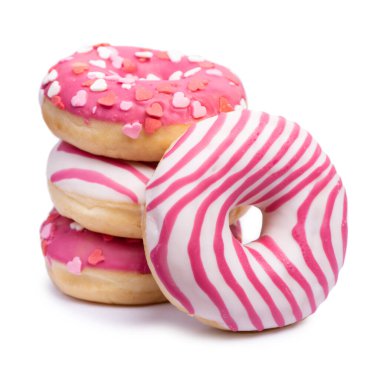 Beyaz arka planda izole edilmiş pembe donut.