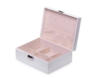 Aksesuarlar beyaz arka planda izole edilmiş deri depolama kutusu