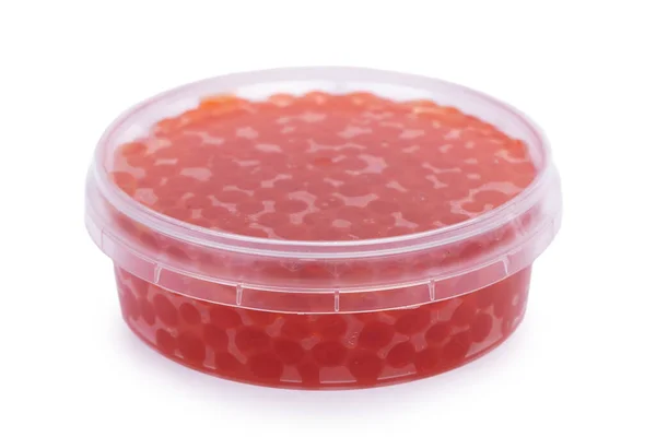 Caviar Vermelho Recipiente Plástico Isolado Sobre Fundo Branco — Fotografia de Stock
