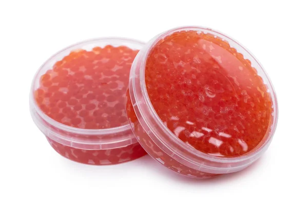 Caviar Vermelho Recipiente Plástico Transparente Isolado Sobre Fundo Branco — Fotografia de Stock