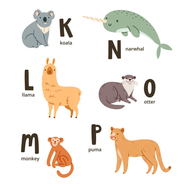Animal alphabet letters k to p — Stock Vector