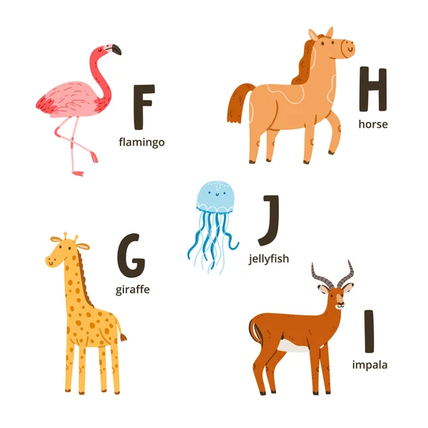 Letras do alfabeto animal f a j — Vetor de Stock