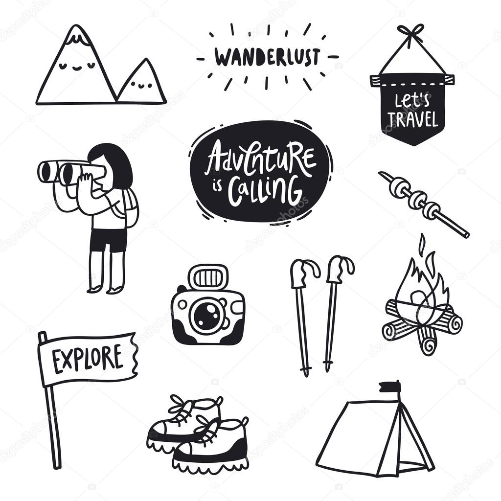 Outdoor adventures doodle illustrations vector set