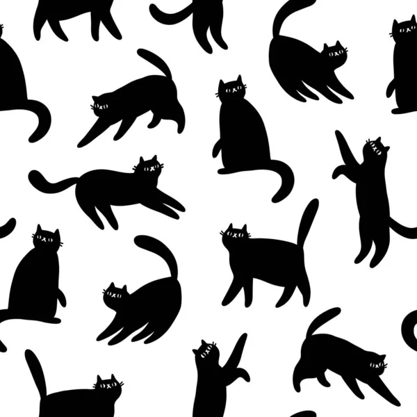 Negro Dibujos Animados Gatos Siluetas Vector Patrón Sin Costuras Fondo — Archivo Imágenes Vectoriales