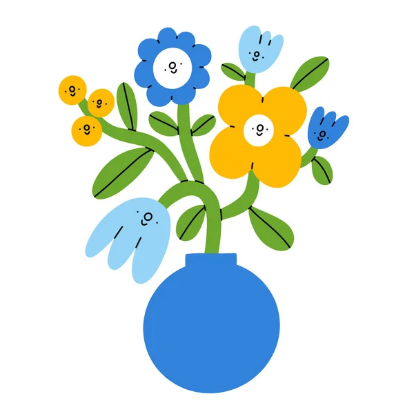 Cartoon Boeket Een Ronde Vorm Vaas Schattige Bloemfiguren Vector Illustratie — Stockvector