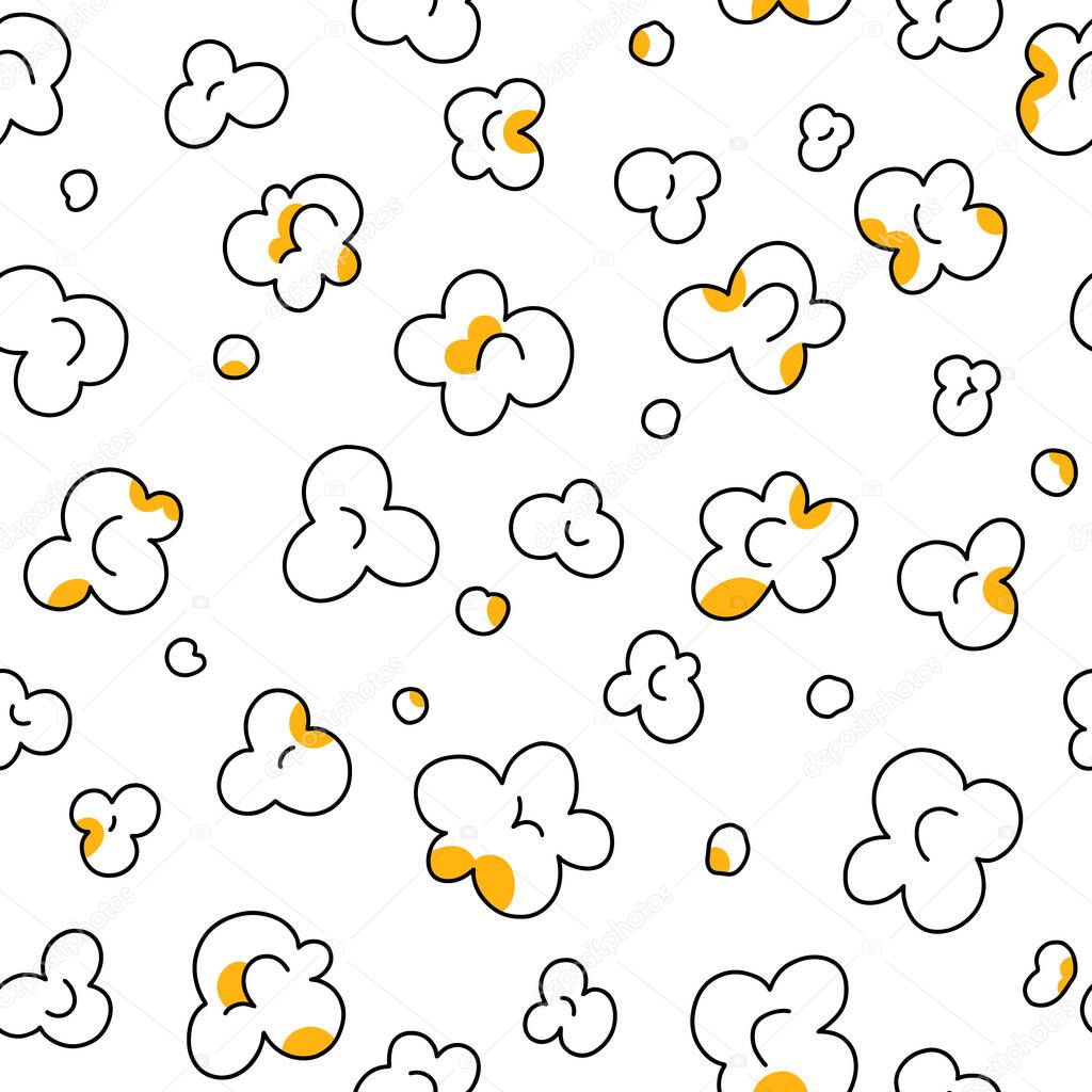 Popcorn fluffy flakes outlined on white background, vector seamless pattern