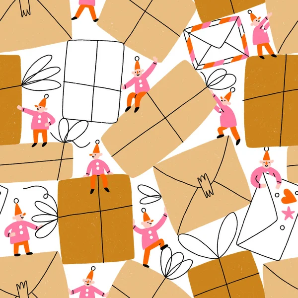 Pequenos Gnomos Embalando Monte Pacotes Envelopes Desenhos Animados Padrão Sem — Fotografia de Stock