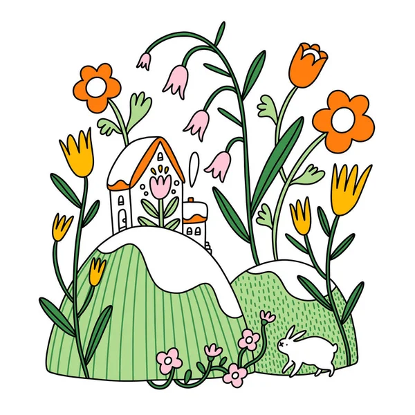 Páscoa Composição Floral Primavera Vetor Ilustração Com Casa Coelho Isolado —  Vetores de Stock