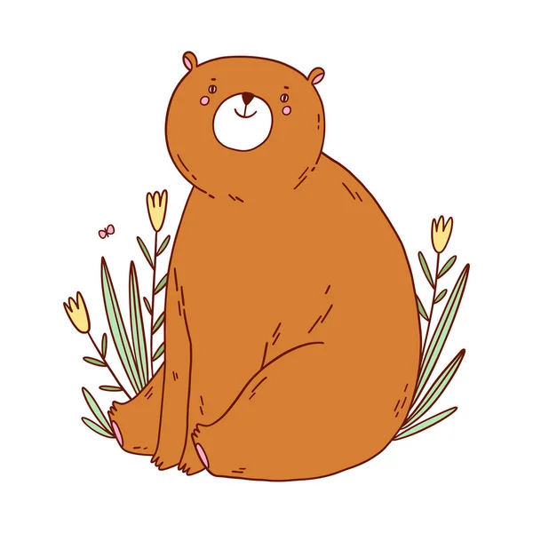 Urso Desenho Animado Bonito Sentado Flores Ilustração Viveiro Vetor Isolado — Vetor de Stock