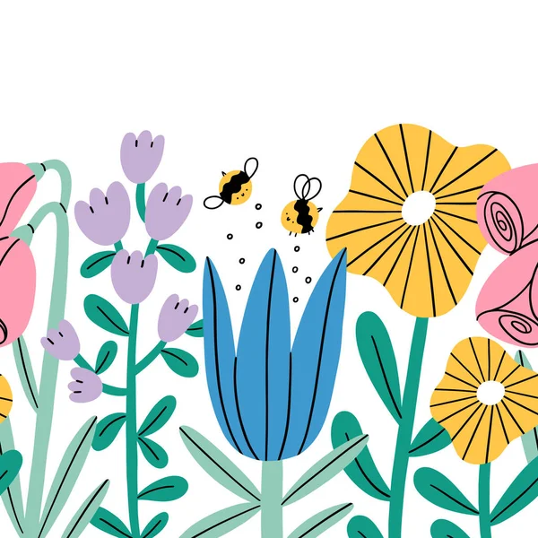 Große Cartoon Blumen Und Bienen Nahtlose Komposition Vektor Wiederholen Rand — Stockvektor