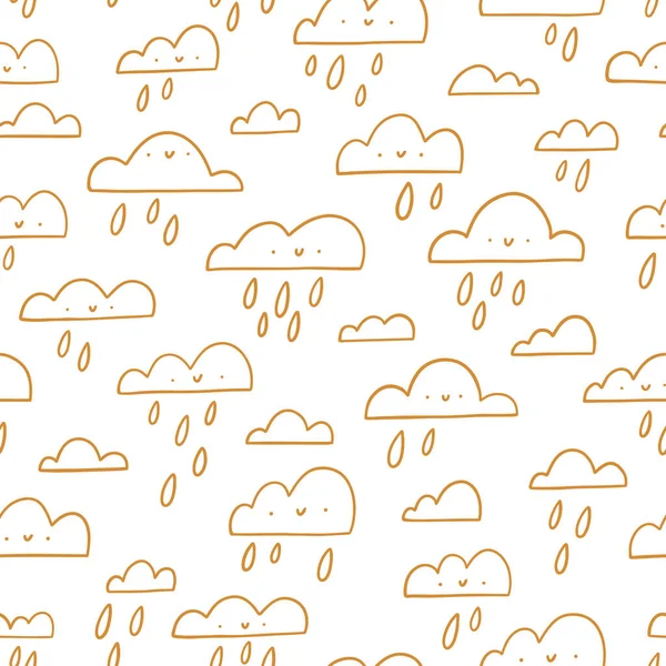 Golden Outline Happy Clouds Rainy Weather Vector Seamless Pattern Illustration — Stock Vector