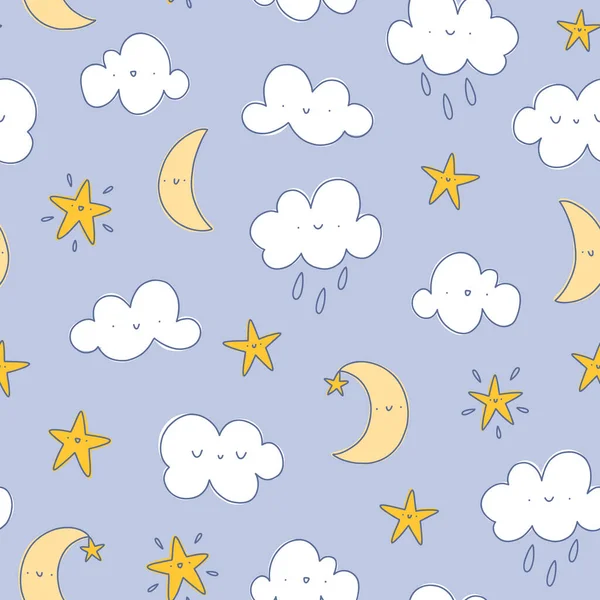 Happy Cartoon Wolken Met Regendruppels Maan Sterren Vector Naadloos Patroon — Stockvector