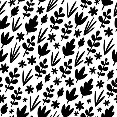 Yapraklar ve çiçekler siluetler, siyah ve beyaz sonbahar vektörü pürüzsüz desen