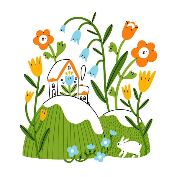 复活节的气氛 春山上的小房子 有兔子和花朵 白色背景上的病媒图解 — 图库矢量图片