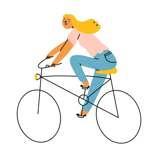 Ξανθιά Κοπέλα Καβάλα Ένα Ποδήλατο Διανυσματική Απεικόνιση Απομονωμένη Λευκό Φόντο — Διανυσματικό Αρχείο