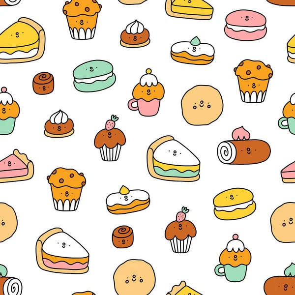 Lindos Personajes Pastelería Dibujos Animados Macarons Cupcakes Galletas Patrón Inconsútil — Vector de stock