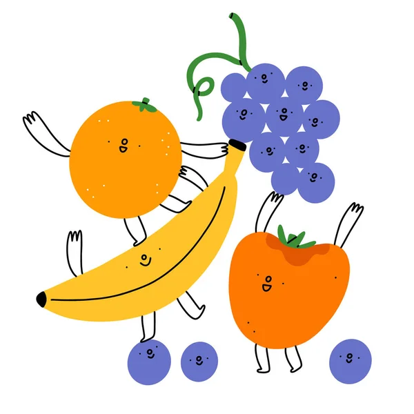 Mejores Amigos Personajes Alegres Frutas Dibujos Animados Ilustración Vectorial Aislado — Vector de stock