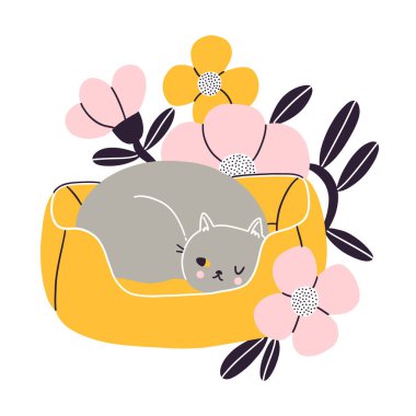 Kedi şekerlemesi köşesi, gri İngiliz kedisi çiçeklerle evcil yatağında uyuyor, vektör çizimi beyaz arka planda izole edilmiş.