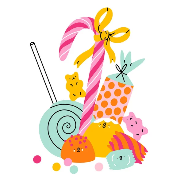 Candy Land Personnages Sucettes Bonbons Gelée Mignon Gomme Mâcher Composition — Image vectorielle
