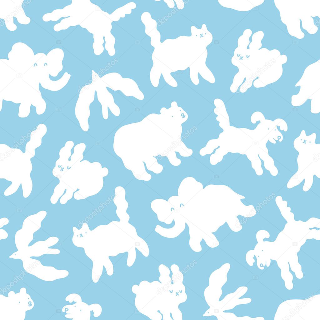 Abstract cloud animals in the sky cartoon, vector seamless pattern on blue background
