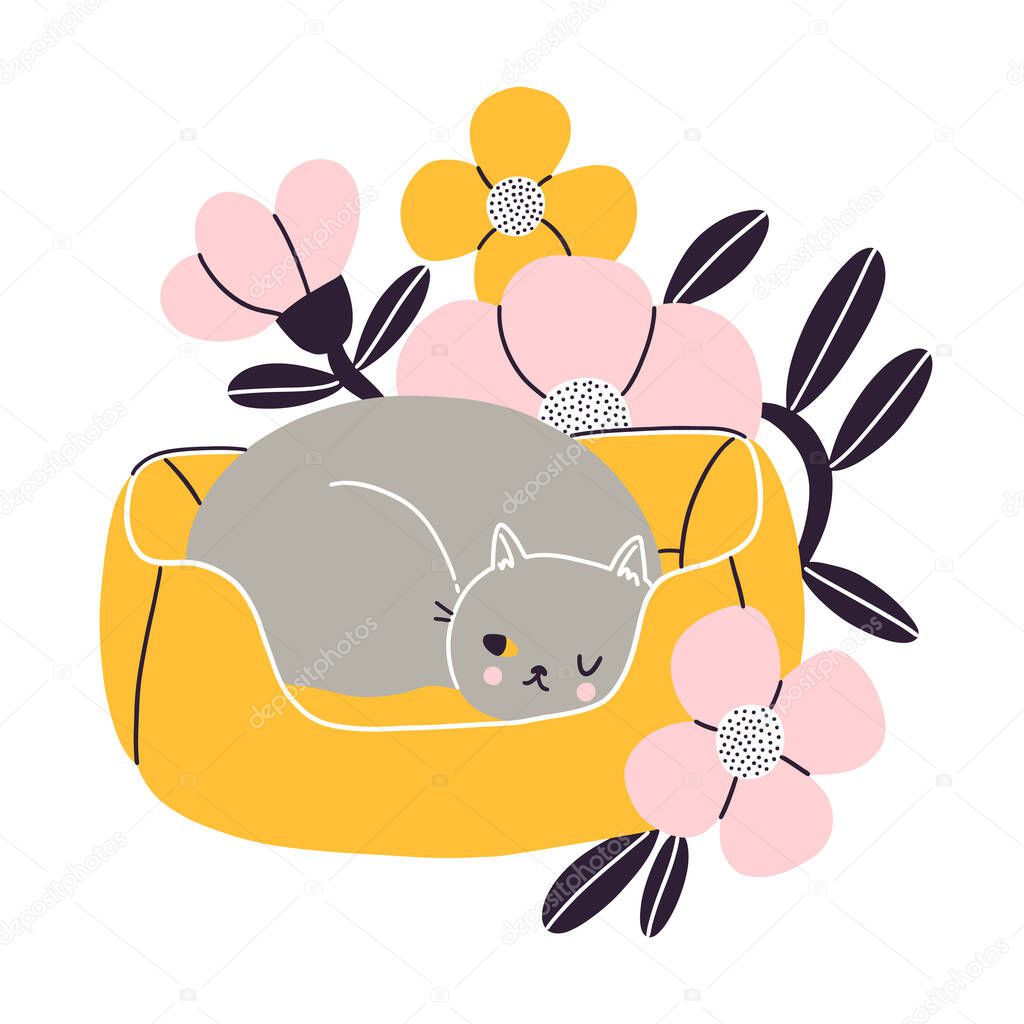 Cat nap corner, grey British cat sleeping in her pet bed with flowers, vector illustration isolated on white background