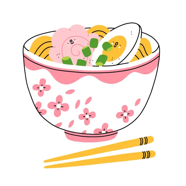 Cartoon Ramen Kom Met Schattige Garnalen Karakters Vector Illustratie Geïsoleerd — Stockvector