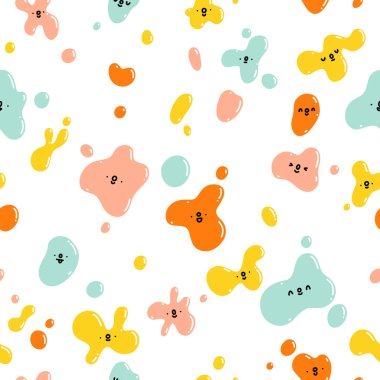 Renkli boya lekeleri, komik yüzler, vektörsüz desenli sanat stüdyosu estetiği.