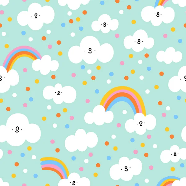 Petits Nuages Heureux Pluie Confettis Sur Fond Menthe Motif Vectoriel — Image vectorielle