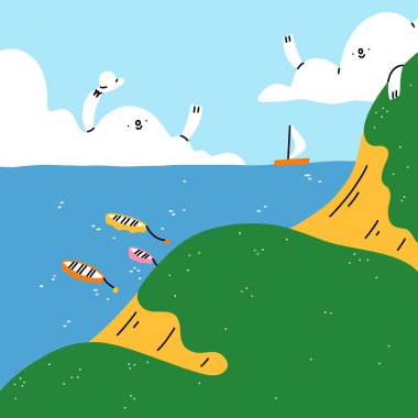 Tatlı bulutlu karikatür yaz deniz manzarası karakterler, tekneler ve yeşil tepeler, güneşli vektör çizimi