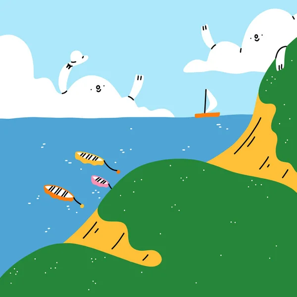 Dibujos Animados Paisaje Marino Verano Con Lindos Personajes Nubes Barcos — Vector de stock