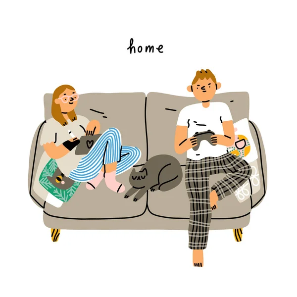 Couple Chilling Couch Cute Cartoon People Cat Stay Home Vector — ストックベクタ