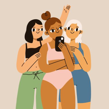 En iyi arkadaşlar pijama partisi, ağaç kızlar selfie çekiyor, karikatür vektör çizimi.
