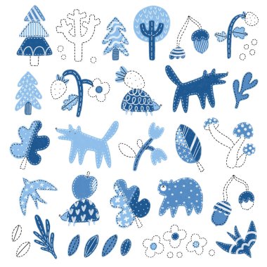 Patchwork kot ahşap çizimler seti, beyaz arka planda izole edilmiş, şirin orman kreşi karalamaları.