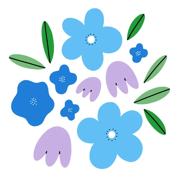 Abstract Lente Bloemen Eenvoudige Vector Samenstelling Blauwe Tinten Illustratie Geïsoleerd — Stockvector