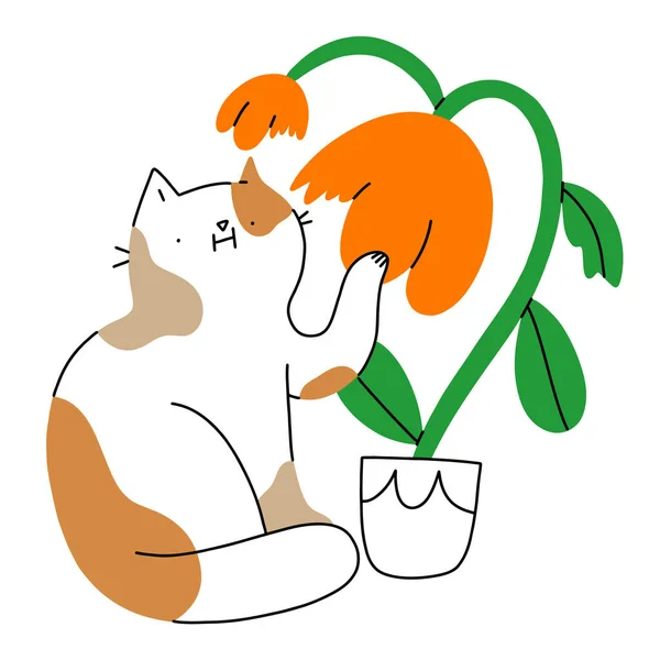 Leuke Kat Kauwen Bloem Een Pot Grappige Vector Illustratie Geïsoleerd — Stockvector