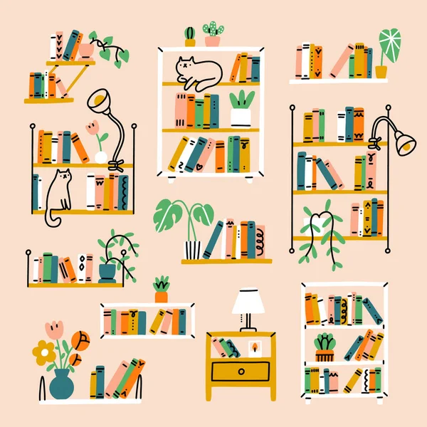 Home Library Aesthetic Set Shelves Racks Vector Illustration Collection Isolated — Stock Vector