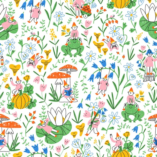 Cute seamless pattern about magic, gnomes and their secret life in the garden. Beautiful hand drawn floral print illustration