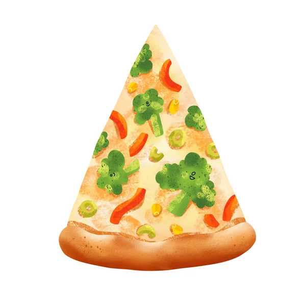 Cute cartoon style vegetable pizza slice illustration, isolated on white background